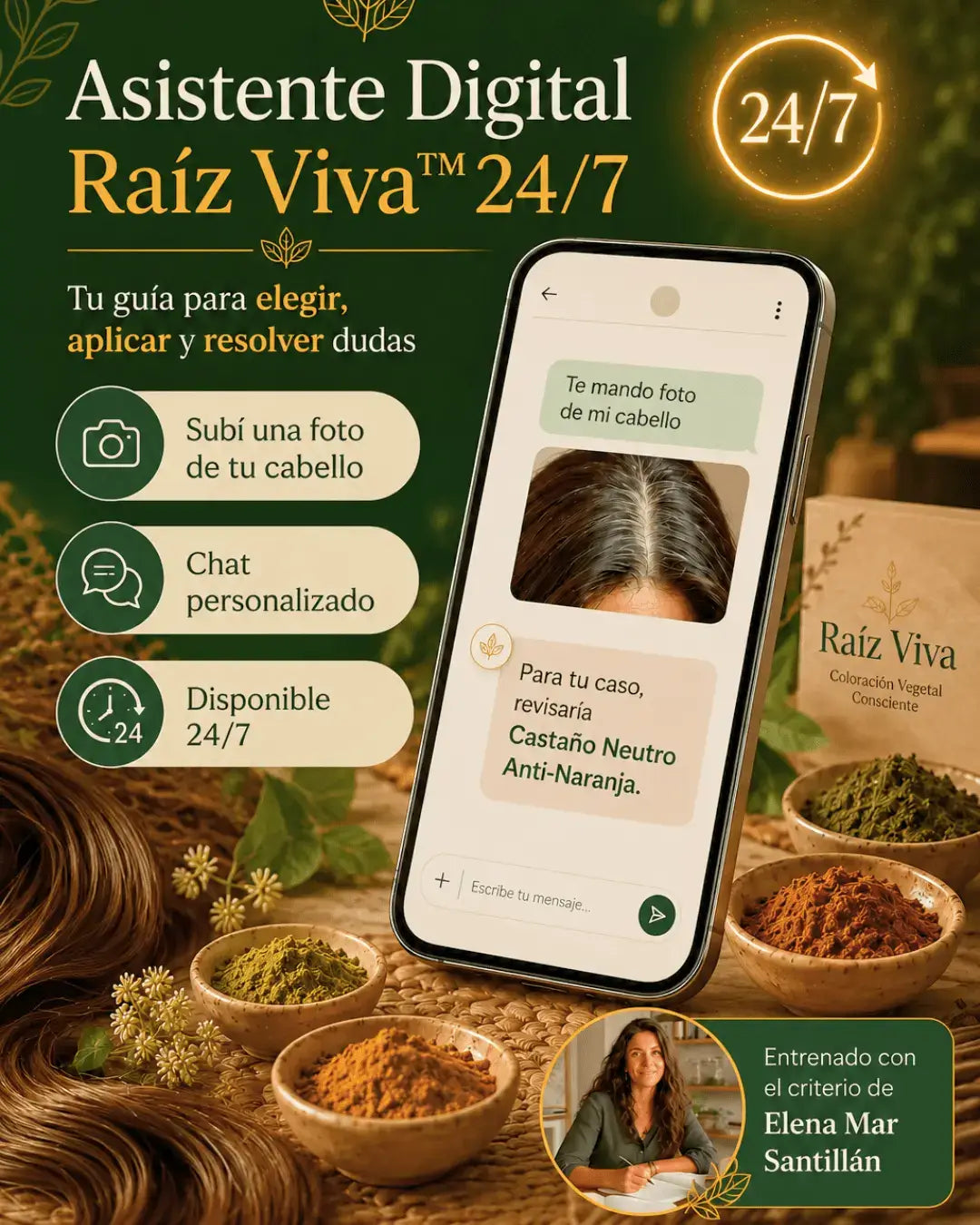 Asistente Digital Raíz Viva™ 24/7 - Tu Chat Personalizado de Coloración Vegetal